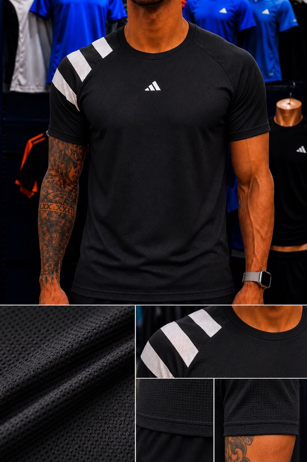 Camiseta Masculina Dry Fit Tecido Quadriculado Preta